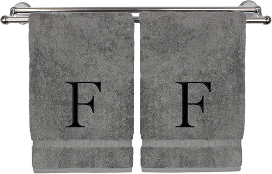 Monogrammed Hand Towel, Personalized Gift, Set of 2- Black Block Letter Embroidered Towel - Extra Absorbent 100% Turkish Cotton - Soft Terry Finish - Initial F Gray