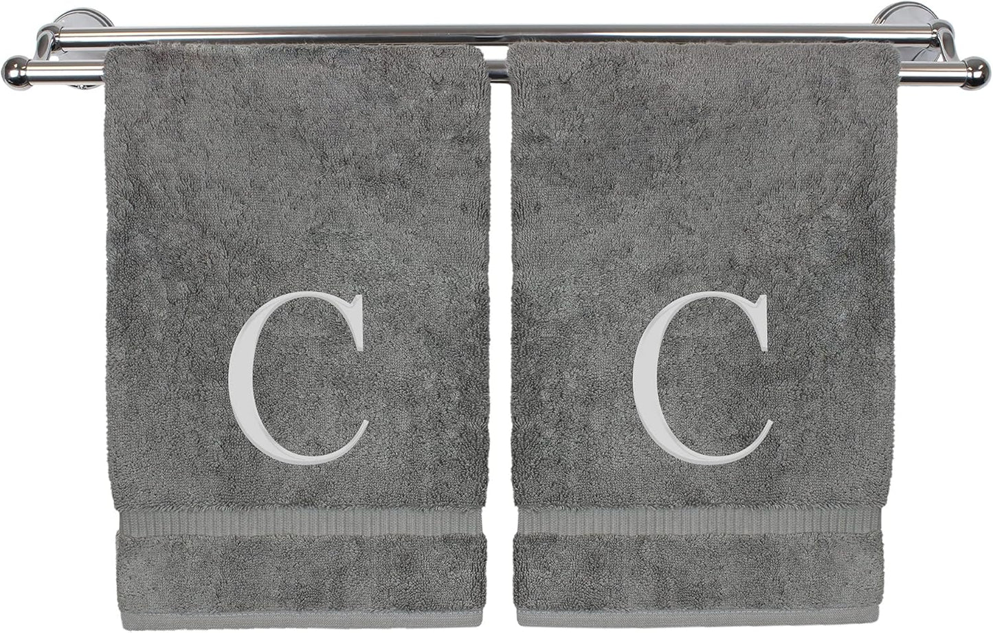 Monogrammed Hand Towel, Personalized Gift, Set of 2- Silver Block Letter Embroidered Towel - Extra Absorbent 100% Turkish Cotton - Soft Terry Finish - Initial C Gray