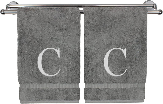 Monogrammed Hand Towel, Personalized Gift, Set of 2- Silver Block Letter Embroidered Towel - Extra Absorbent 100% Turkish Cotton - Soft Terry Finish - Initial C Gray