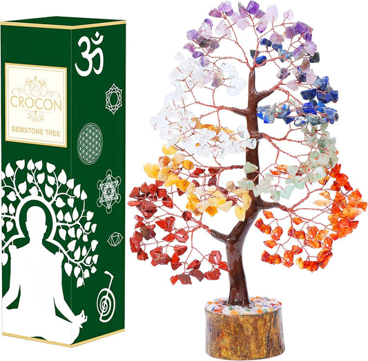 Crocon Seven Chakra Gemstone Tree Copper Wire Feng Shui Money Bonsai Good Luck Chakra Healing Crystals Home Decoration Ornament Figurine Wealth Prosperity Gift Size: 10-12"