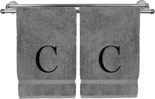 Monogrammed Hand Towel, Personalized Gift, Set of 2- Black Block Letter Embroidered Towel - Extra Absorbent 100% Turkish Cotton - Soft Terry Finish - Initial C Gray