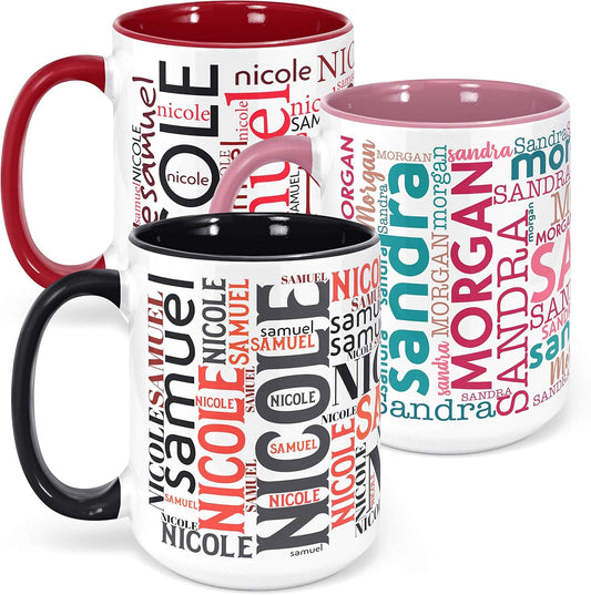 Personalized Coffee Mugs w/Word Cloud Art, 12 Colors & 9 Font Art, 15 oz. Custom Gifts for Couples, Men, Women - Black/White, Ceramic Keepsake Mug, Personalized Gifts