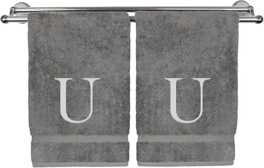 Monogrammed Hand Towel, Personalized Gift, Set of 2- Silver Block Letter Embroidered Towel - Extra Absorbent 100% Turkish Cotton - Soft Terry Finish - Initial U Gray