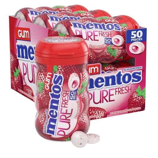 Mentos Pure Fresh Sugar-Free Chewing Gum with Xylitol, Strawberry, 50 Piece Bottle (Bulk Pack of 6)