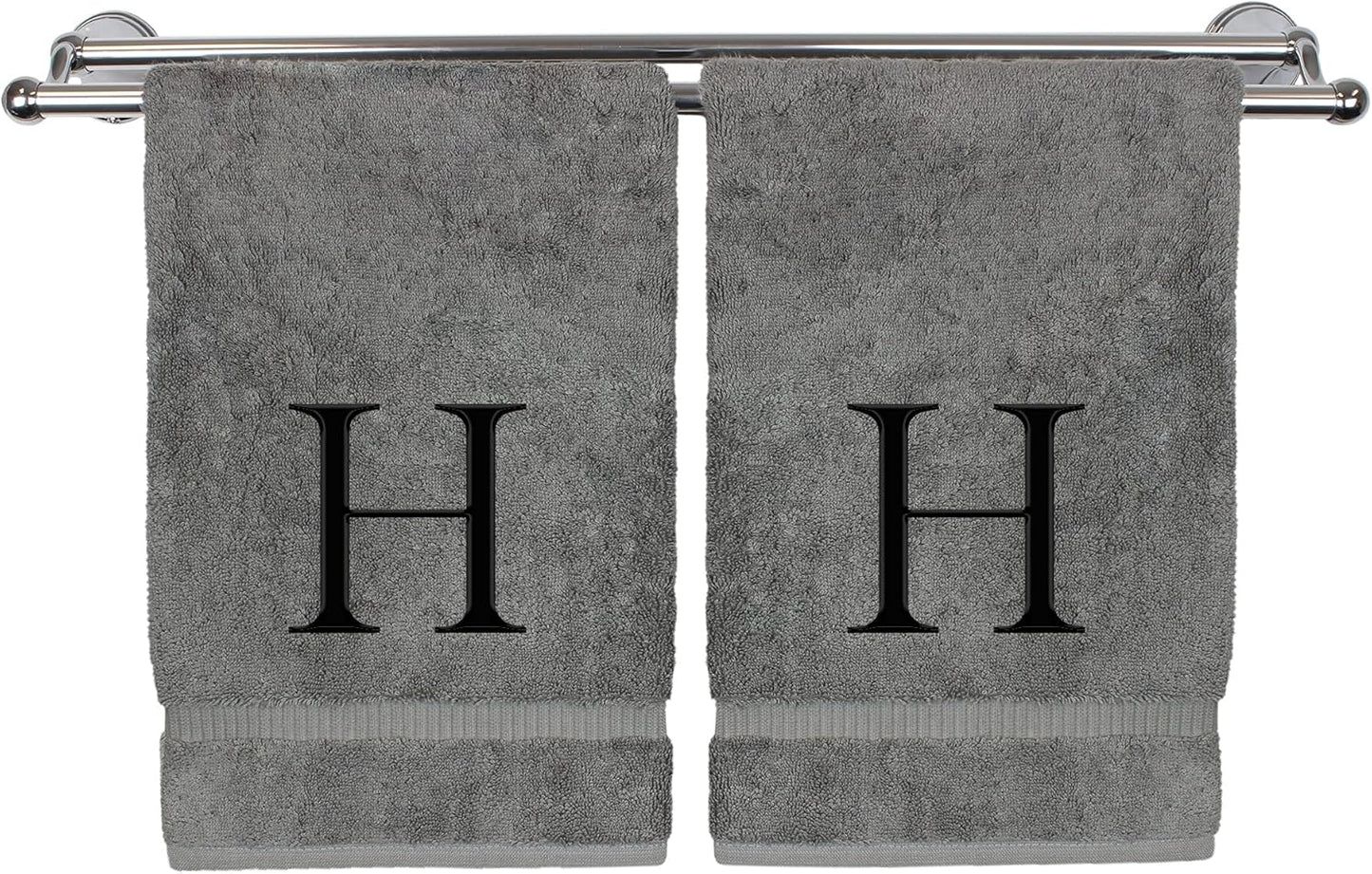 Monogrammed Hand Towel, Personalized Gift, Set of 2- Black Block Letter Embroidered Towel - Extra Absorbent 100% Turkish Cotton - Soft Terry Finish - Initial H Gray