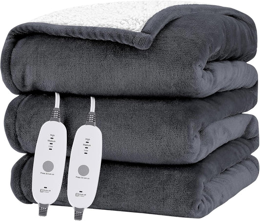 HYLEORY Heated Throw Blanket Flannel Electric Blanket Throw with 4 hrs Timer Auto-Off & 3 Heating Levels Sherpa Heated Blankets with Overheating Protection,84"x90",Dark Grey