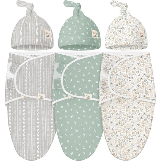 KeaBabies 3-Pack Swaddles for Newborns, Girls, Boys with Hats - Organic Soft Baby Sleep Sacks, Breathable Baby Swaddle 3-6 Months Beanies Set, Premie Infant Sleep Sack 0-3 Months (Prairie)