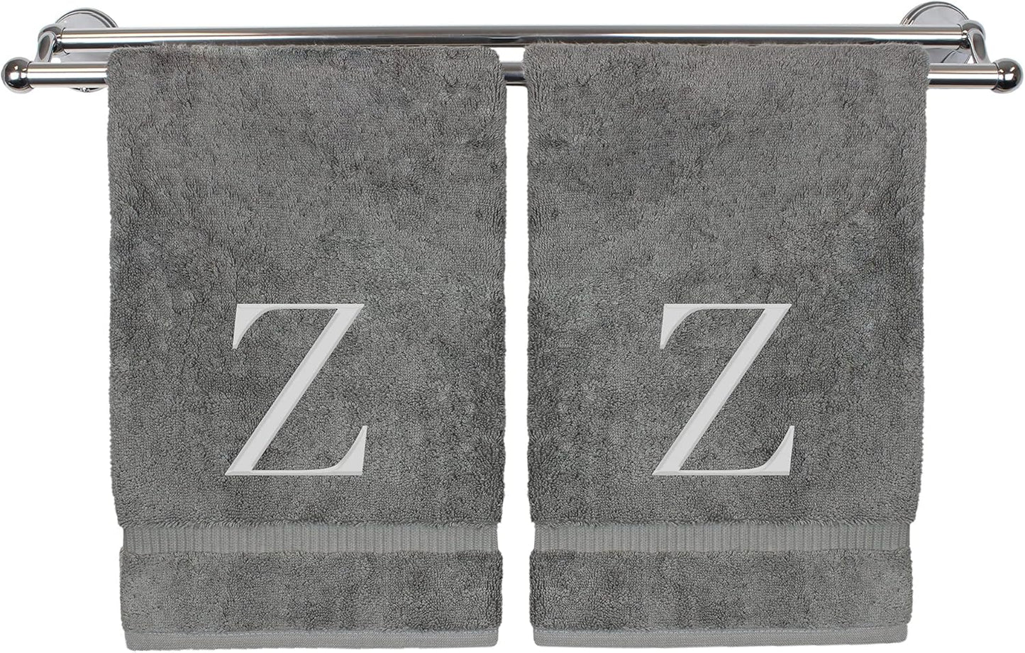 Monogrammed Hand Towel, Personalized Gift, Set of 2- Silver Block Letter Embroidered Towel - Extra Absorbent 100% Turkish Cotton - Soft Terry Finish - Initial Z Gray