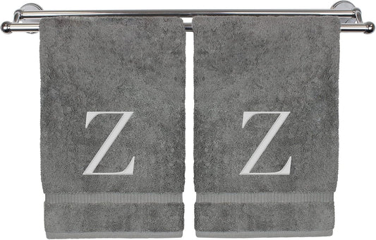 Monogrammed Hand Towel, Personalized Gift, Set of 2- Silver Block Letter Embroidered Towel - Extra Absorbent 100% Turkish Cotton - Soft Terry Finish - Initial Z Gray