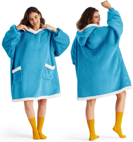 Bedsure Blanket Hoodie, Wearable Blanket for Adults & Kids as Gifts for Women Men, Birthday Gifts for Women Mom Girl Sherpa Oversized Hoodie, Aqua Blue, Standard