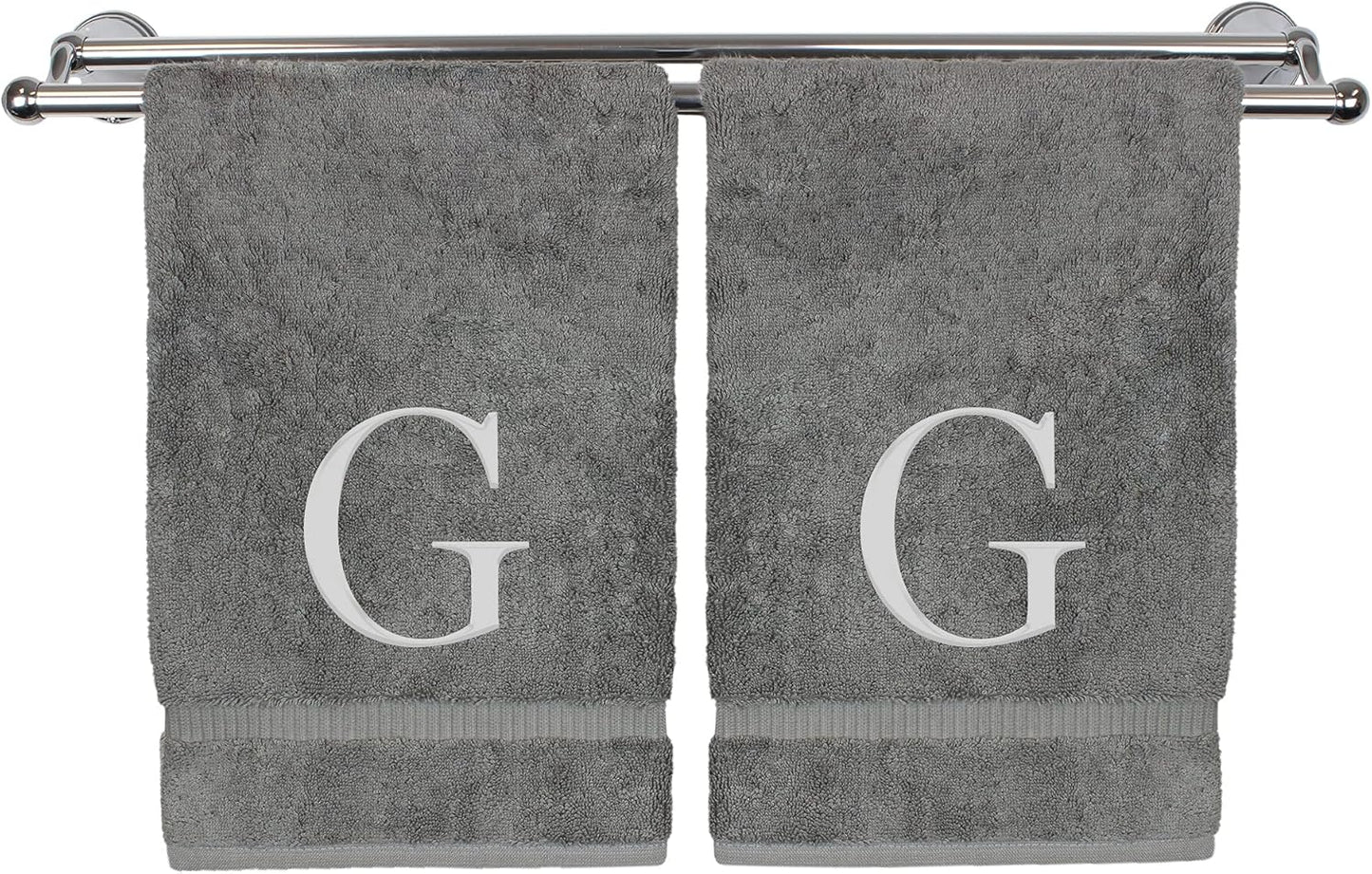 Monogrammed Hand Towel, Personalized Gift, Set of 2- Silver Block Letter Embroidered Towel - Extra Absorbent 100% Turkish Cotton - Soft Terry Finish - Initial G Gray