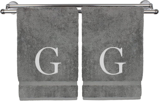 Monogrammed Hand Towel, Personalized Gift, Set of 2- Silver Block Letter Embroidered Towel - Extra Absorbent 100% Turkish Cotton - Soft Terry Finish - Initial G Gray