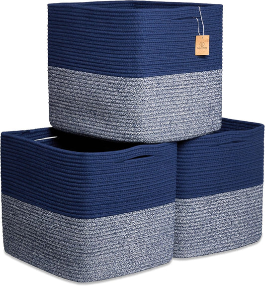 NaturalCozy 13x15x13 Kallax Storage Cubes Bins, 3 Pack | Cotton Rope Cube Storage Bin Woven Baskets for Organizing | Kallax Insert Storage Baskets for Shelves Organizer, Kids Toy, Closet Baby Nursery