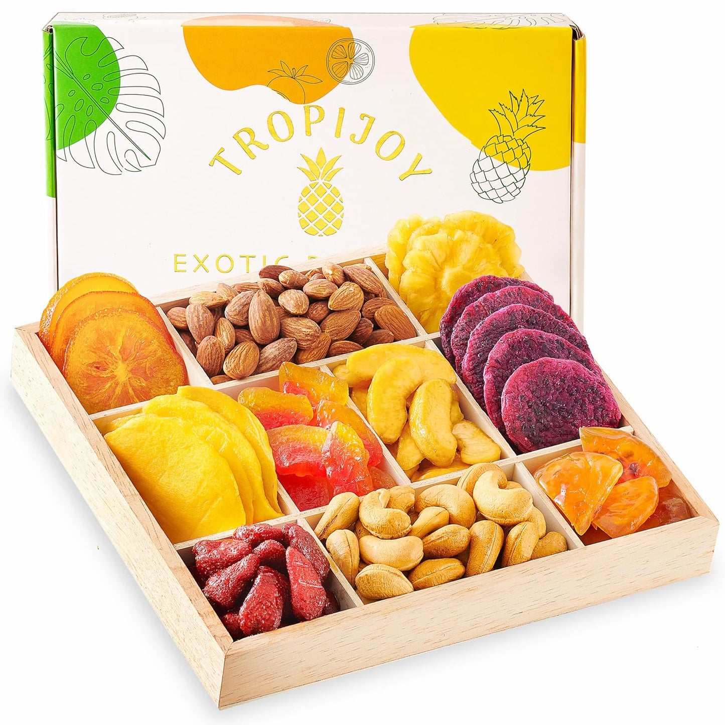 Dried Fruit Gift Baskets for Women – 10 Gourmet Tropical Assortment Box | Soft Dry Fruit Basket Gift – Fresh Fruits and Nuts Food Gifts - Birthday Gifts for Women - Includes Reusable Wood Tray