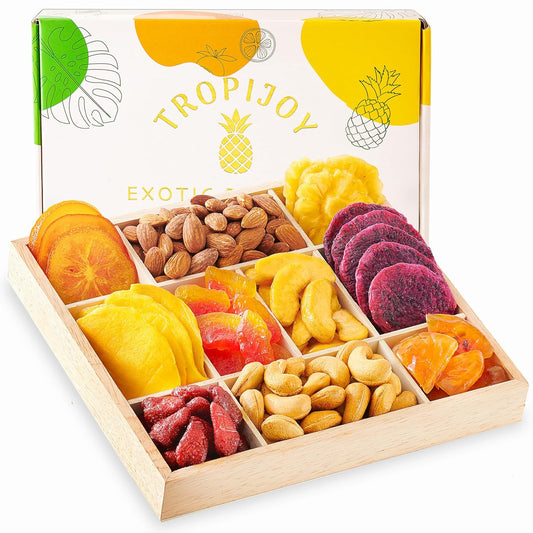 Dried Fruit Gift Baskets for Women – 10 Gourmet Tropical Assortment Box | Soft Dry Fruit Basket Gift – Fresh Fruits and Nuts Food Gifts - Birthday Gifts for Women - Includes Reusable Wood Tray