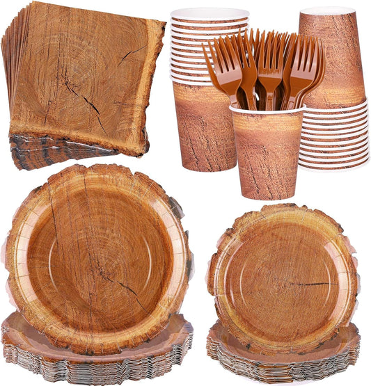 144 Pieces Camping Wood Grain Slice Tableware Sets Rustic Wood Party Decorations Paper Plates Napkins Cups Forks Serves 24 for Forest Themed Party Decorations Hunting Birthday Supplies