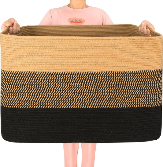 MINTWOOD Design 112L Extra Large Blanket Basket Holder Living Room, 25"x17"x16" Rectangle Rope Woven Storage Basket with Handles for Laundry, Pool Towels, Shoes, Dog Toy Organizer Bin Box, Black Jute