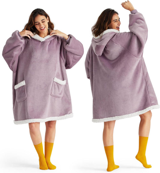 Bedsure Blanket Hoodie, Wearable Blanket for Adults & Kids as Gifts for Women Men, Birthday Gifts for Women Mom Girl Sherpa Oversized Hoodie, Lavender, Small