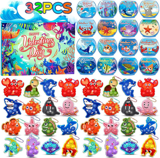 32 PCS Valentines Day Gifts for Kids,Valentines Cards for Kids Classroom with Sea Animal Pop Fidget Toys,Valentines Exchange Gifts for Classroom,Valentines Party Favors for Boys Girls