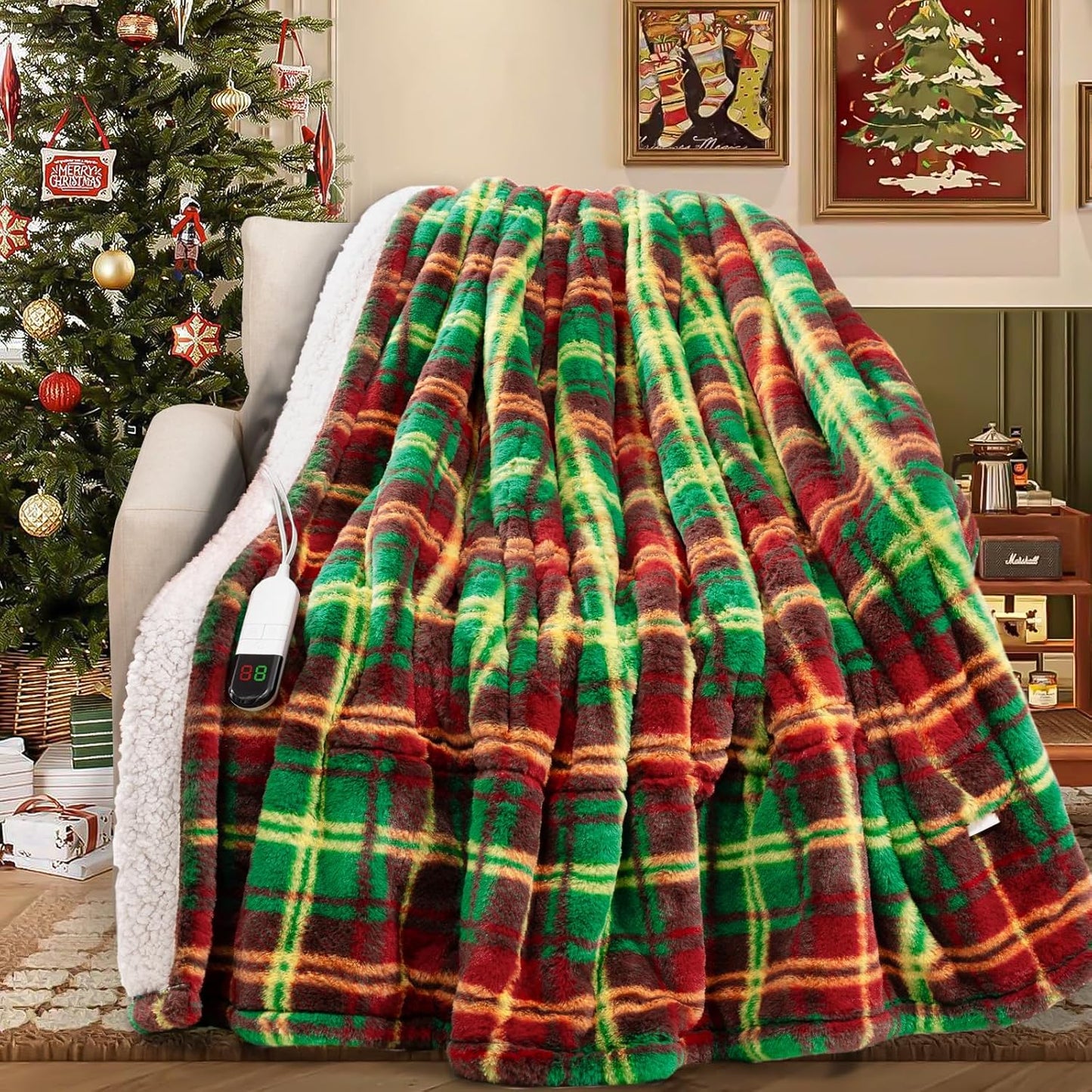 MAXEVE Faux Rabbit Fur Electric Heated Blanket King Size for Bed, Sherpa Buffalo Plaid Christmas Heating Blanket with 8 Heating Levels & 8 Hours Auto Off, Over-Heat Protection,ETL Certified,Red