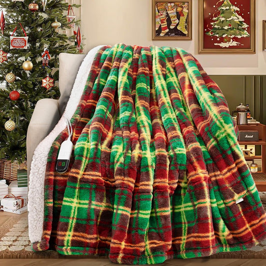 MAXEVE Faux Rabbit Fur Electric Heated Blanket King Size for Bed, Sherpa Buffalo Plaid Christmas Heating Blanket with 8 Heating Levels & 8 Hours Auto Off, Over-Heat Protection,ETL Certified,Red