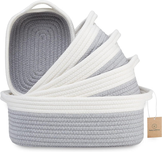 NaturalCozy 5-Piece Rectangle Storage Basket Set- Natural Cotton Rope Woven Baskets for Organizing! Small Basket for Montessori, Baby Nursery, Dog Toy Baskets, Cat Toy Box, Bathroom Organization Bin