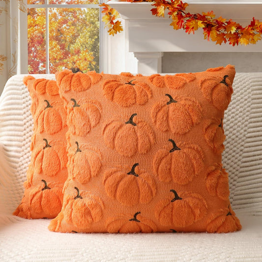 4TH Emotion Fall Pumpkins Decorative Pillow Covers 16x16 Set of 2, Orange Soft Plush Faux Fur Wool Farmhouse Throw Cushion Cases for Autumn Thanksgiving Holiday Home Decorations