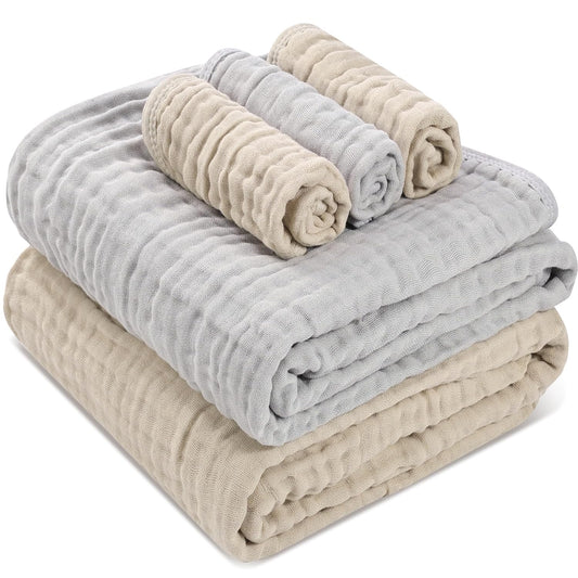 Muslin Baby Towels,2 Large Gauze Towels & 3 Washcloths, 6-Layer 100% Muslin Cotton for Sensitive Skin. Versatile as Towel & Blanket. Ideal for Baby Showers & New Moms (Beige Grey, 5 Pack)