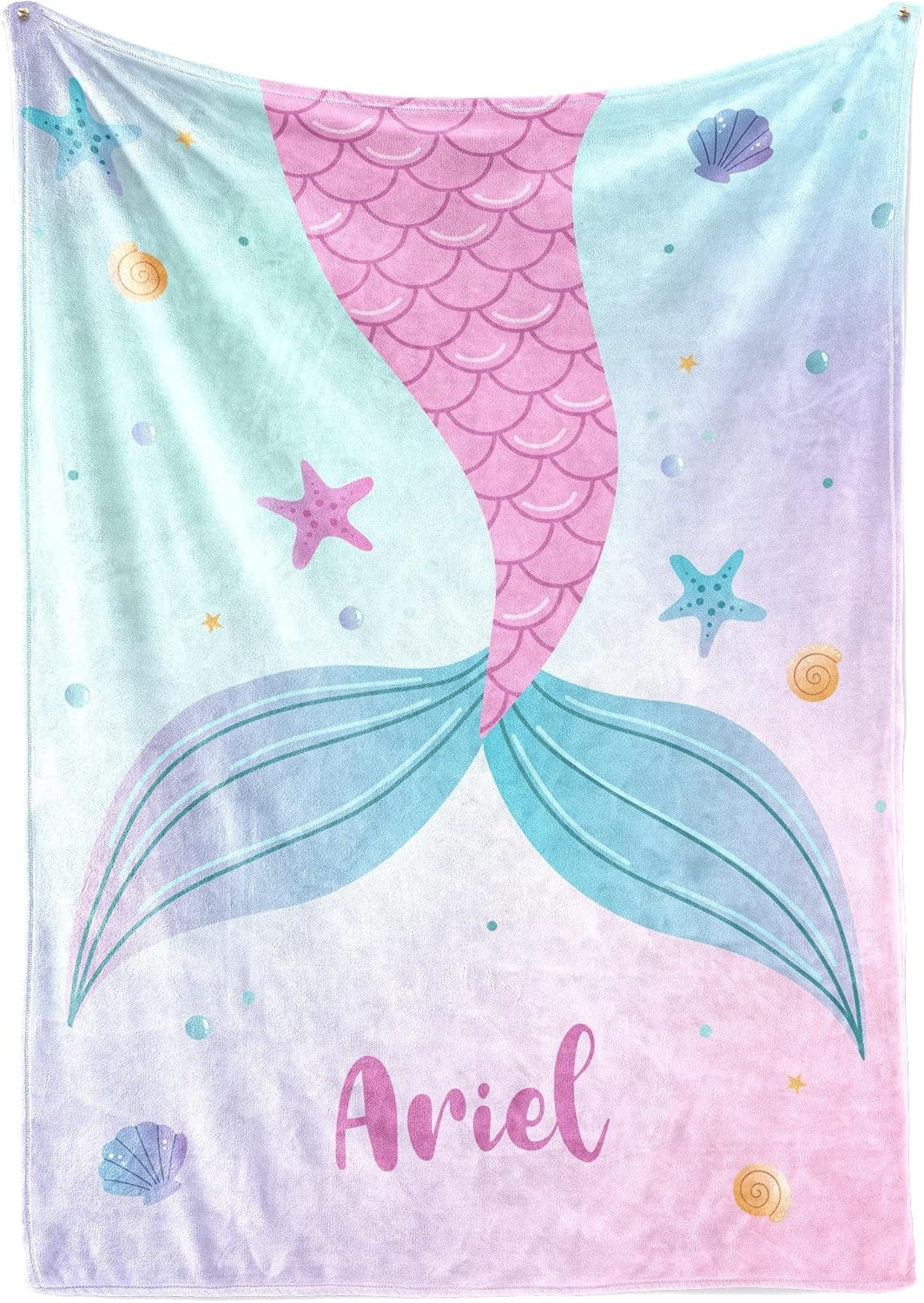 Mermaid Tails for Girls - Personalized Blanket for Girls - Little Mermaid Gift for Girls - Mermaid Birthday Party - Warm Soft Fluffy Plush Blanket for Kids - Fleece & Sherpa Throw (Sherpa 60" x 80")
