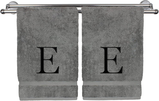 Monogrammed Hand Towel, Personalized Gift, Set of 2- Black Block Letter Embroidered Towel - Extra Absorbent 100% Turkish Cotton - Soft Terry Finish - Initial E Gray