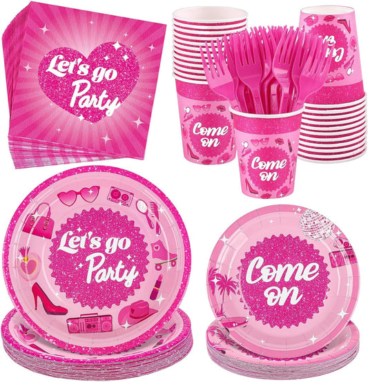 144 Pieces Let's Go Party Tableware Sets Including Disposable Plates Napkins Cups Forks Serves 24 for Birthday Disco Pink Girl Party Supplies