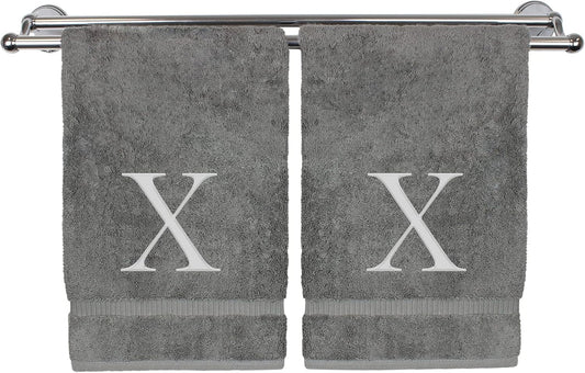 Monogrammed Hand Towel, Personalized Gift, Set of 2- Silver Block Letter Embroidered Towel - Extra Absorbent 100% Turkish Cotton - Soft Terry Finish - Initial X Gray