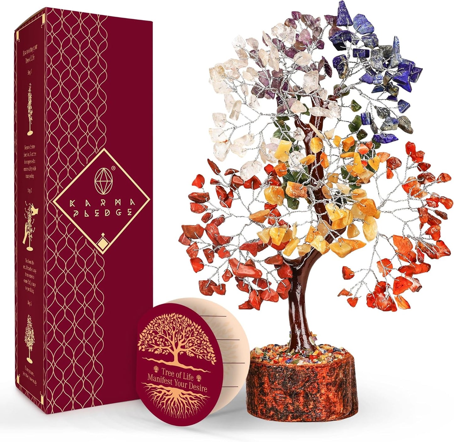 7 Chakra Healing Crystal Tree of Life with Manifestation Card, Handmade Silver Wire Crystal Tree for Good Luck, Positive Energy, Wealth, Reiki Healing, and Decor, Gift for Women and Mom