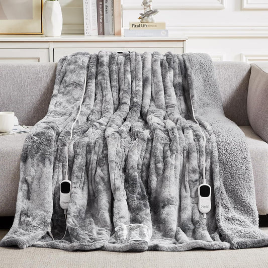 Homemate Electric Heated Blanket Queen Size - 84"x90" Heating Blanket Queen Size Dual Control 1/2/4/6/8 Hours Auto-Off 10 Heat Level Over-Heat Protection Luxury Faux Fur Sherpa ETL Certification