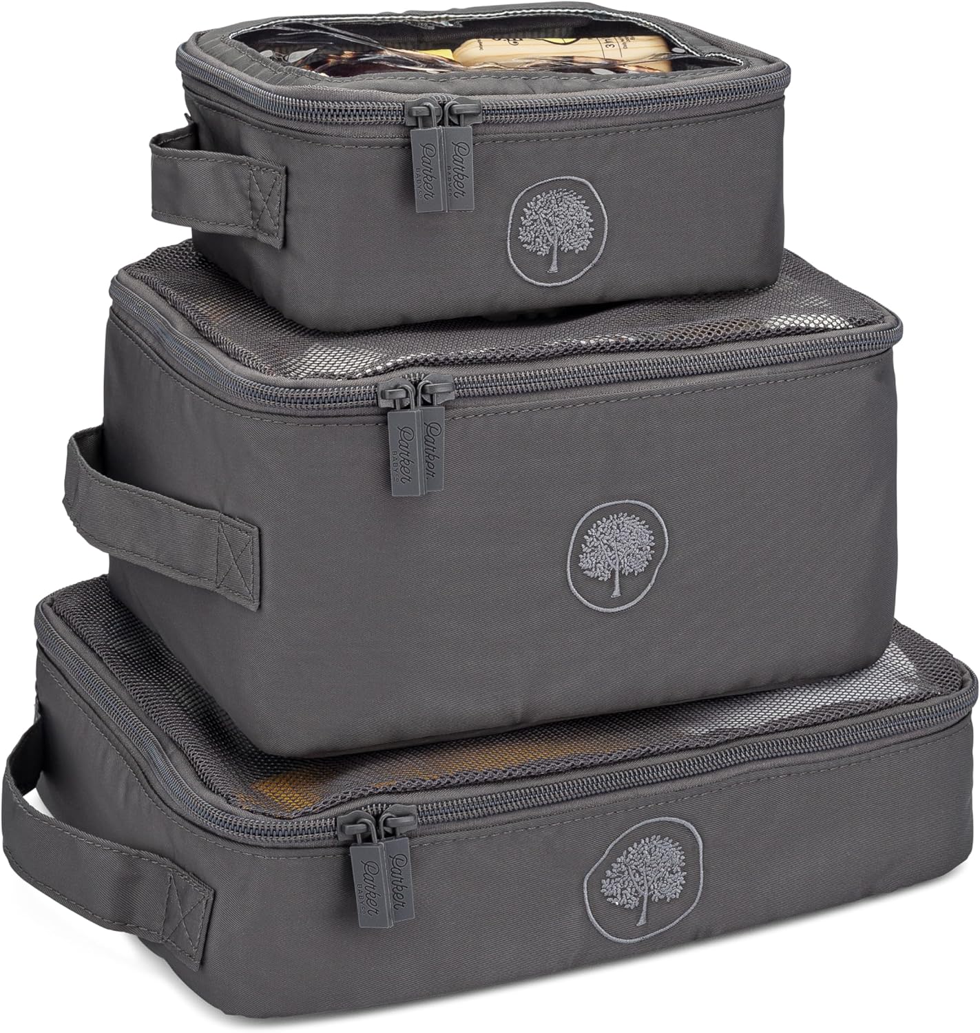 Parker Baby Co. Lightweight Packing Cube Set 3-Pack | Collapsible, Durable, Mesh & Clear Top | Travel Organizer for Diaper Bags, Luggage - Smoke/Harbor Gray Stripe