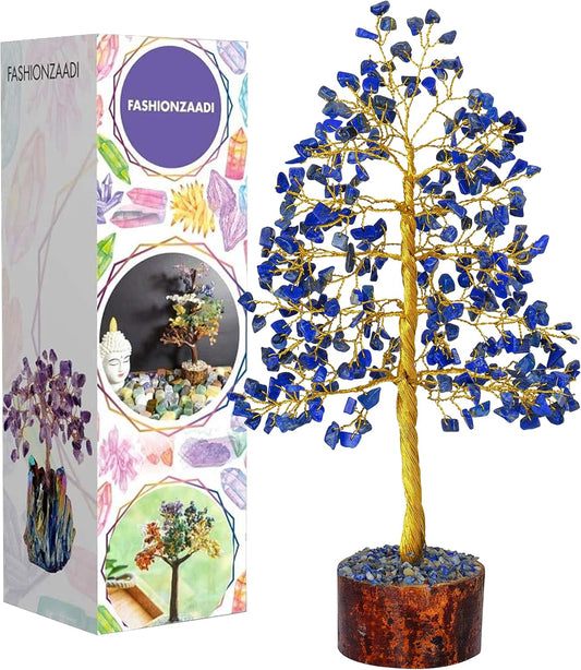 FASHIONZAADI Gemstone Money Tree Reiki Healing Chakra Balancing Handmade Bonsai Trees Spiritual Gift Aura Cleansing Good Luck Home Decor (Lapis Lazuli Golden Wire)