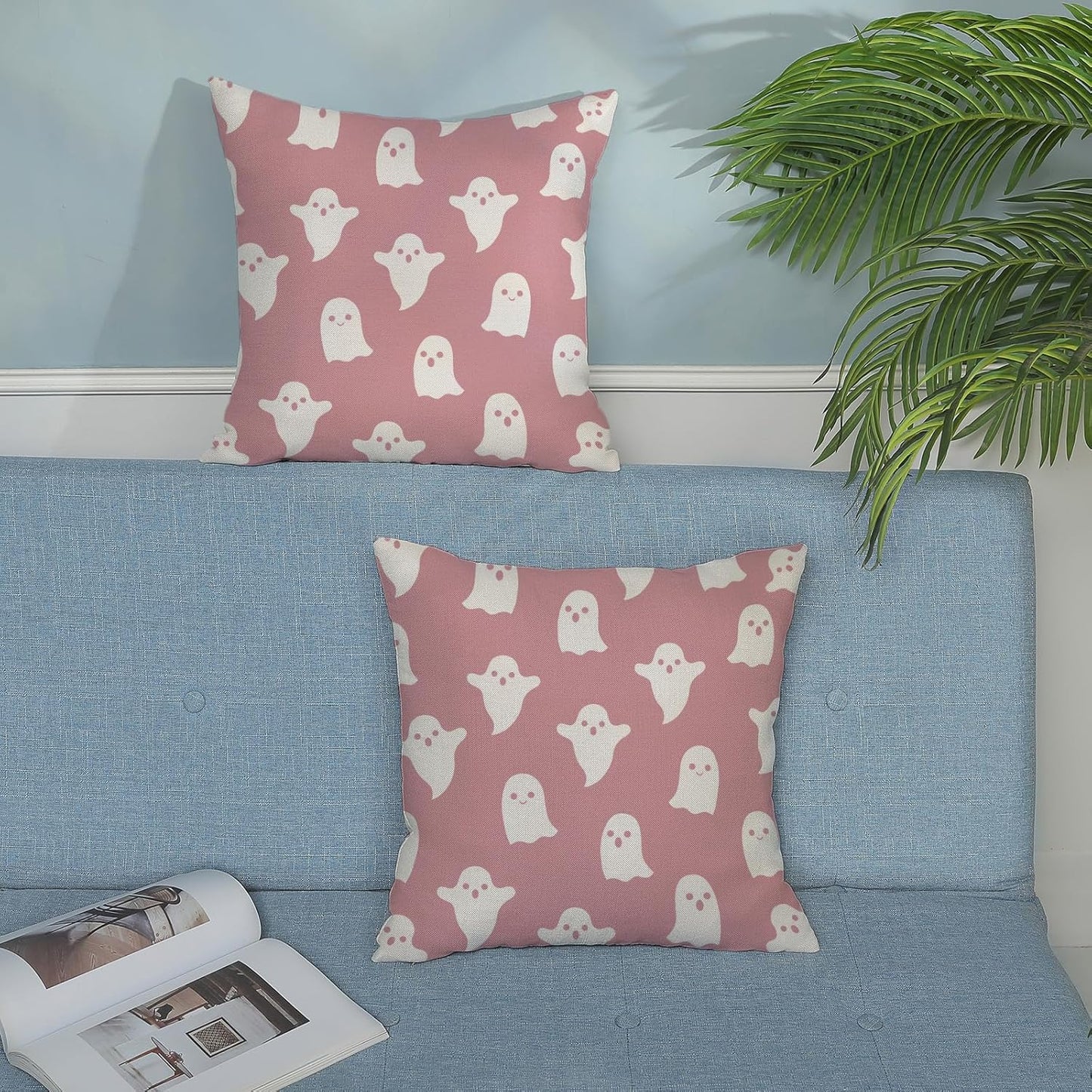 Halloween Decor Pillow Covers 18x18 Set Of 2 Pink Cute Ghost Throw Pillow Covers Halloween Decoration Pillow Covers For Halloween Home Decorative Linen Cushion Case For Home Couch Sofa Outdoor