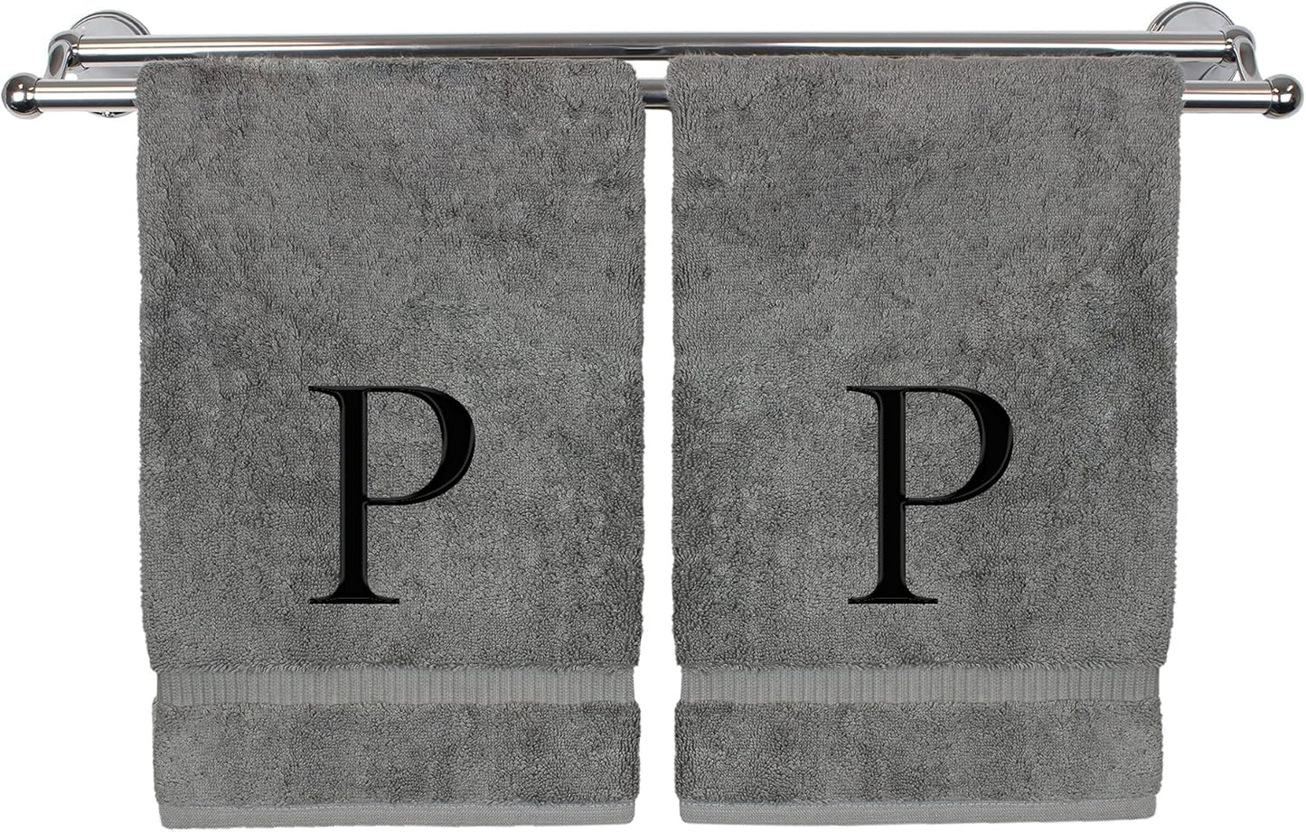 Monogrammed Hand Towel, Personalized Gift, Set of 2- Black Block Letter Embroidered Towel - Extra Absorbent 100% Turkish Cotton - Soft Terry Finish - Initial P Gray