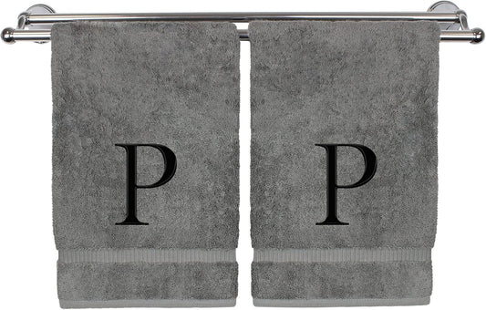 Monogrammed Hand Towel, Personalized Gift, Set of 2- Black Block Letter Embroidered Towel - Extra Absorbent 100% Turkish Cotton - Soft Terry Finish - Initial P Gray