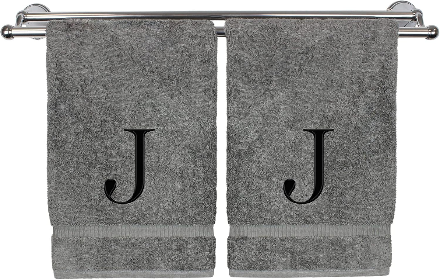 Monogrammed Hand Towel, Personalized Gift, Set of 2- Black Block Letter Embroidered Towel - Extra Absorbent 100% Turkish Cotton - Soft Terry Finish - Initial J Gray