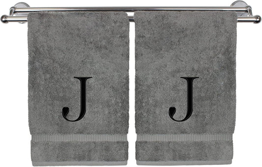 Monogrammed Hand Towel, Personalized Gift, Set of 2- Black Block Letter Embroidered Towel - Extra Absorbent 100% Turkish Cotton - Soft Terry Finish - Initial J Gray