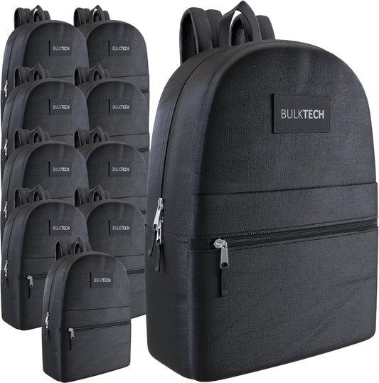 10 Pack Bulk Backpacks, Wholesale 17-Inch Lightweight Bookbags for Kids, Adults, School, Classroom, Travel, Gym Supplies with 1 Large, 1 Small Pocket, Perfect for Events, Corporate Bundles, Black