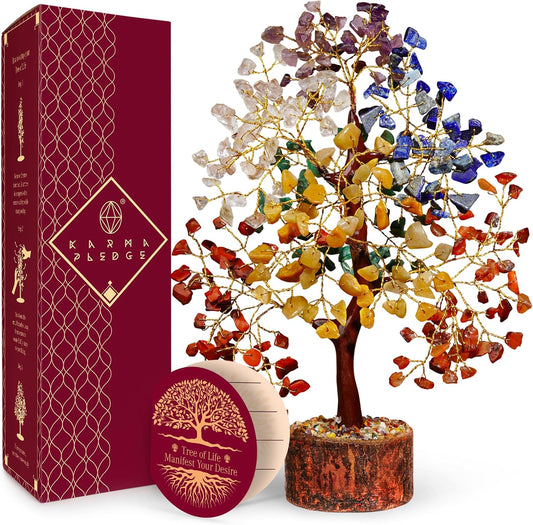 Seven Chakra Healing Crystal Tree of Life with Manifestation Card Gift for Women and Mom, Handmade Crystal Tree for Good Luck, Positive Energy, Money, Reiki Healing, Home and Office Decor