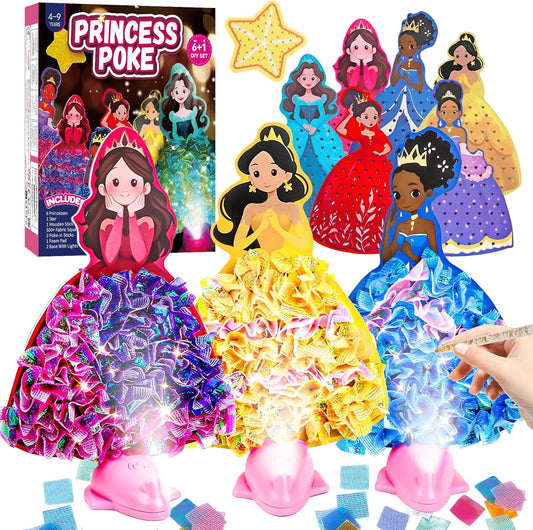 Fortand Poke-Art Crafts Kit for Kids, Princesses Craft Kits for Girls Ages 4-9 Paper Craft Kits with LED Base DIY Creative Activity Toys Gifts for Girls & Boys Ages 4 5 6 7 8 9 Mess-Free Fun for Kids