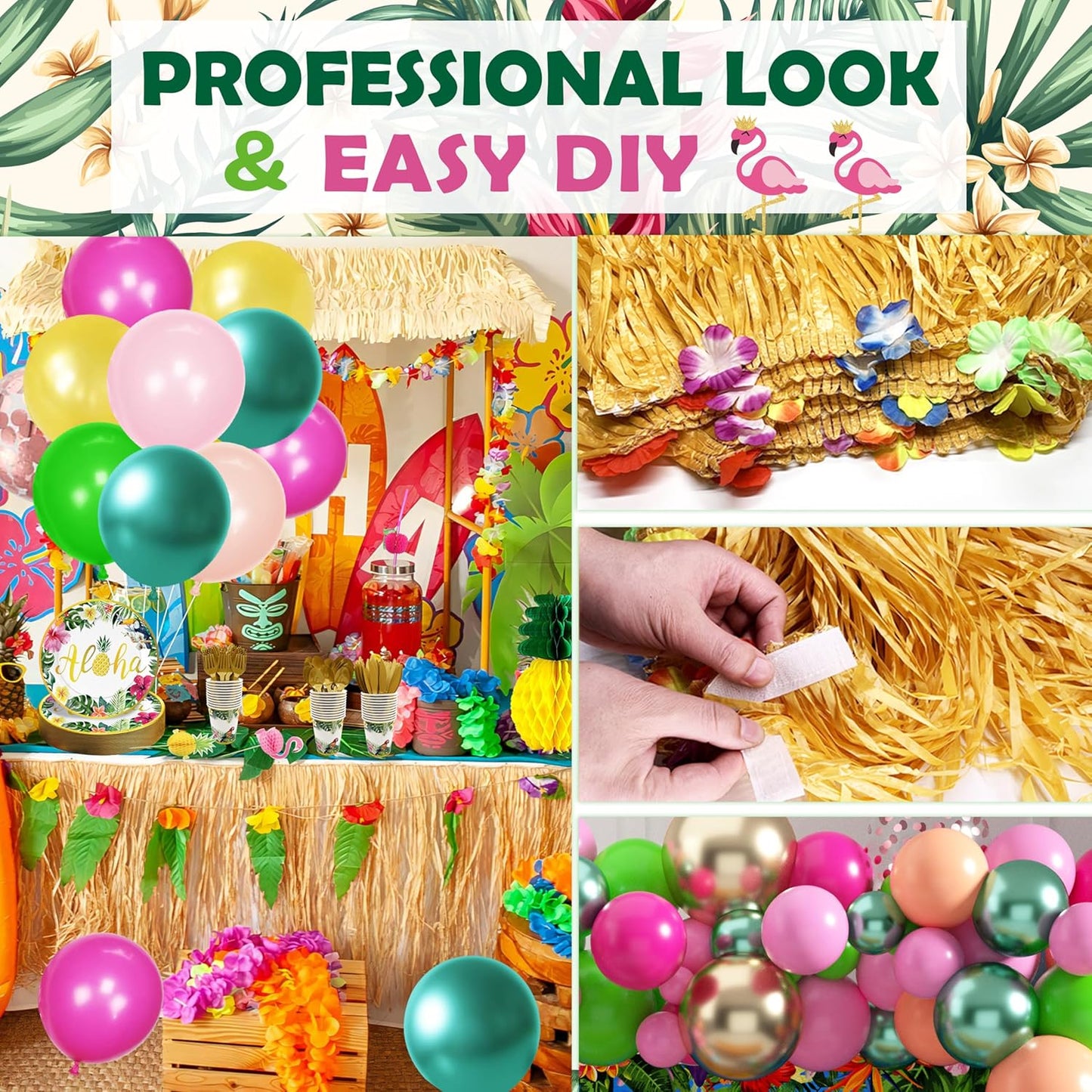 Luau Birthday Party Decorations 321Pcs Hawaiian Tropical Aloha Party Supplies for Summer Beach Holiday Disposable Dinnerware Set (24 Guest) Table Skirt Straws Backdrop Banner Balloon Garland Kit