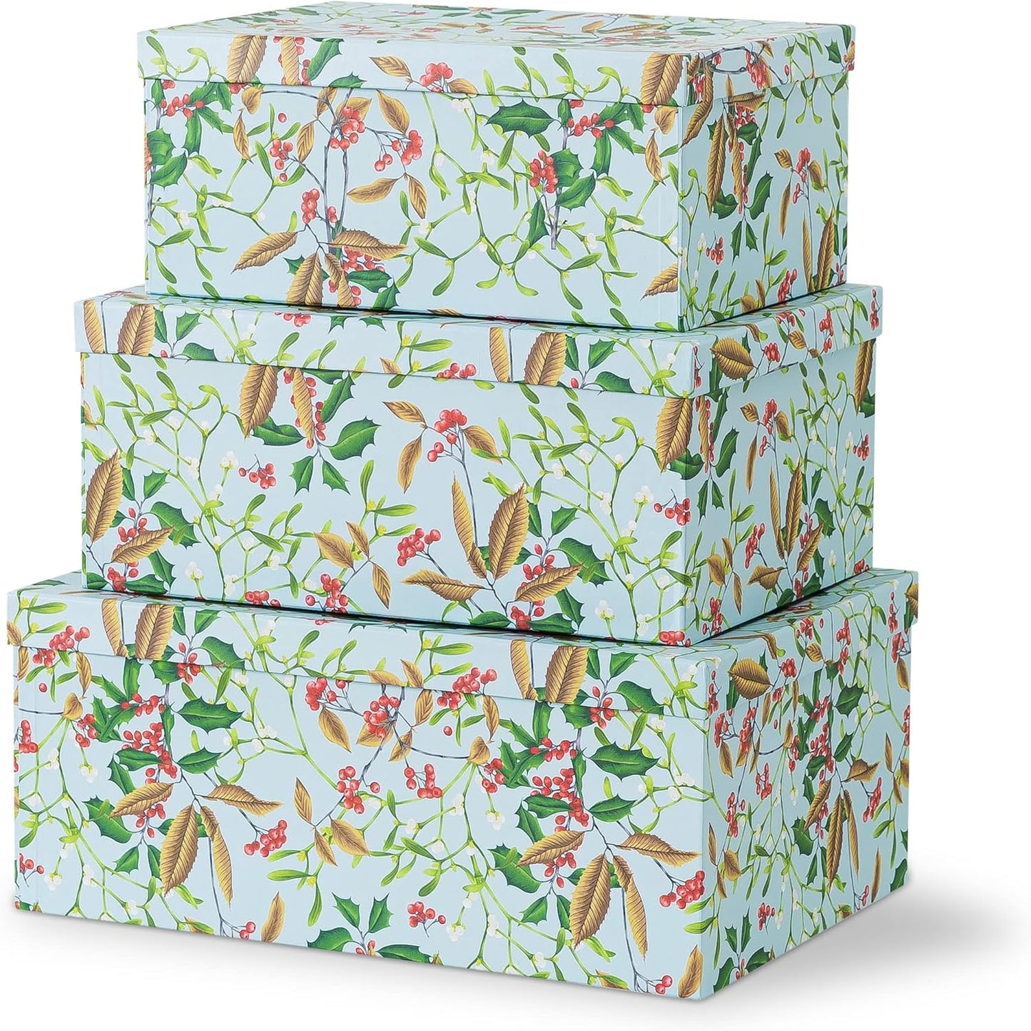 Soul & Lane Winter Berries Cardboard Boxes - Set of 3: Decorative Storage Boxes with Lids, Paper Mache Cardboard Nesting Containers, Christmas Winter Photo Cartons, Stacking Gift Wrap Storage