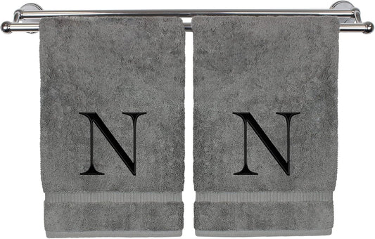 Monogrammed Hand Towel, Personalized Gift, Set of 2- Black Block Letter Embroidered Towel - Extra Absorbent 100% Turkish Cotton - Soft Terry Finish - Initial N Gray