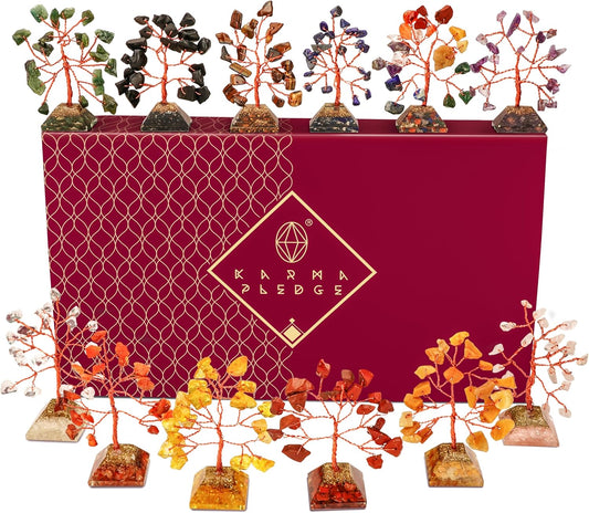 Set of 12 Crystal Tree of Life Gifts for Women, Seven Chakra Healing Crystals Brings Positive Energy, Good Luck, Money, Feng Shui Home & Office Desk Decor, for Dad