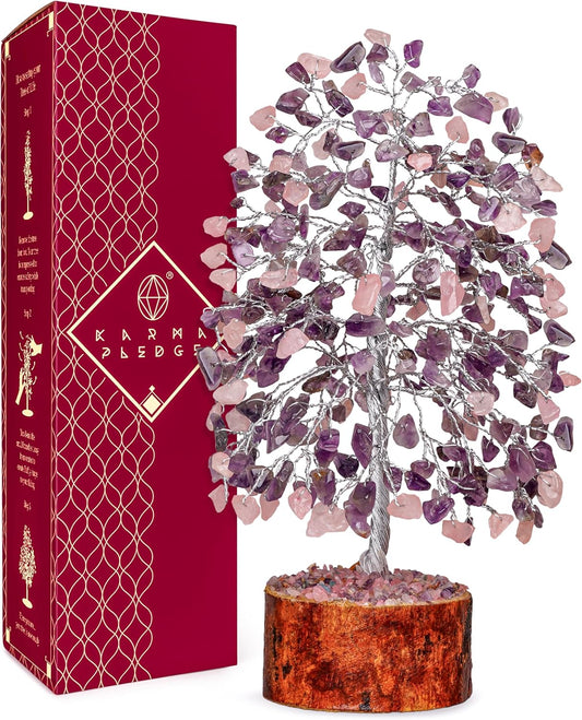 Chakra Healing Crystal Tree of Life for Birthday Gifts for Women, Home and Office Decor for Positive Energy & Good Luck, Spiritual Gifts, Feng Shui Money Trees (Rose, Amethyst Dual Beads)