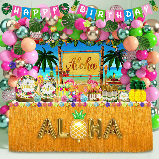 Luau Birthday Party Decorations 321Pcs Hawaiian Tropical Aloha Party Supplies for Summer Beach Holiday Disposable Dinnerware Set (24 Guest) Table Skirt Straws Backdrop Banner Balloon Garland Kit